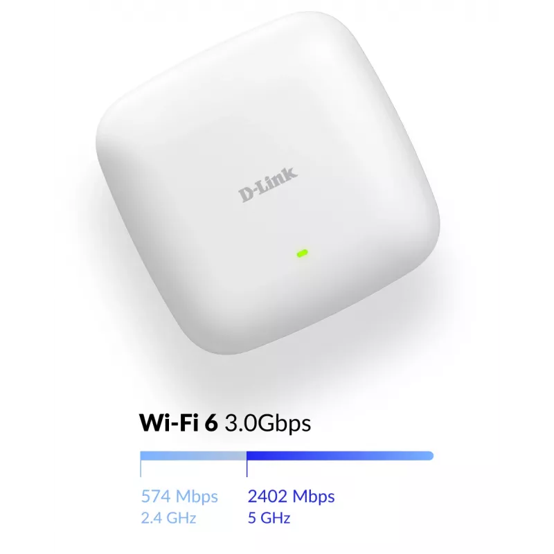 D-Link AX3000 Wi-Fi 6 divjoslu PoE piekļuves punkts, 2.4 GHz, 5 GHz, 3000 Mbit/s, SNMP, SNMPv2, SNMPv3, WEP, WPA, WPA2, WPA3, 10,100,1000,2500 Mbit/s