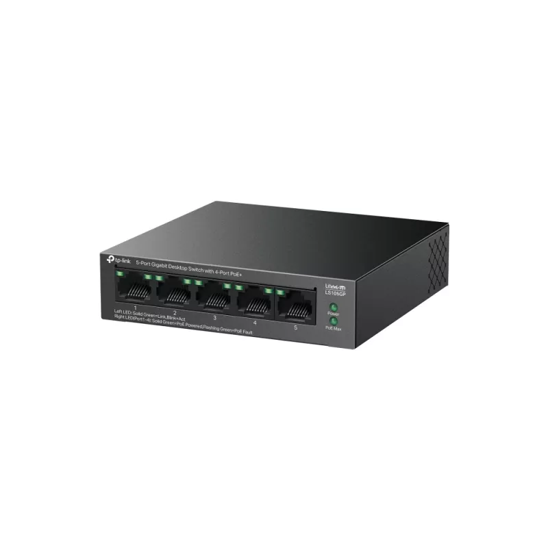 TP-LINK LiteWave 5 portu Gigabit galda slēdzis ar 4 portu PoE+ (5x Gigabit, 4 PoE+, 65 W PoE budžets)