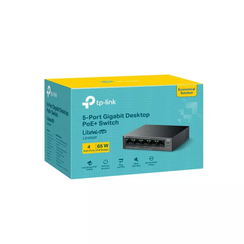 TP-LINK LiteWave 5 portu Gigabit galda slēdzis ar 4 portu PoE+ (5x Gigabit, 4 PoE+, 65 W PoE budžets)
