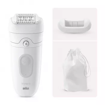Epilators Braun Silk-épil 5 5-011 — ar baterijām, MicroGrip pincetes tehnoloģija, mitrai un sausai lietošanai, masāža, balts