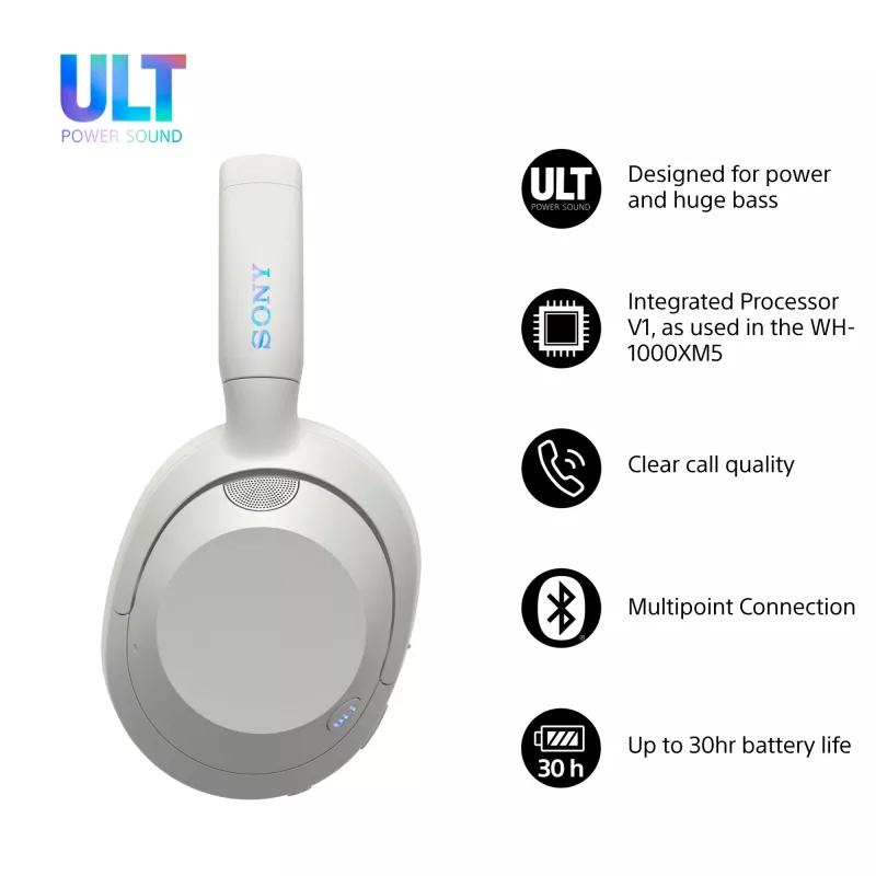 Austiņas Sony WH-ULT WEAR monaurālas, vadu un Bluetooth 5.2, ANC, 50h atskaņošana (ANC izslēgts), USB-C uzlāde, balta