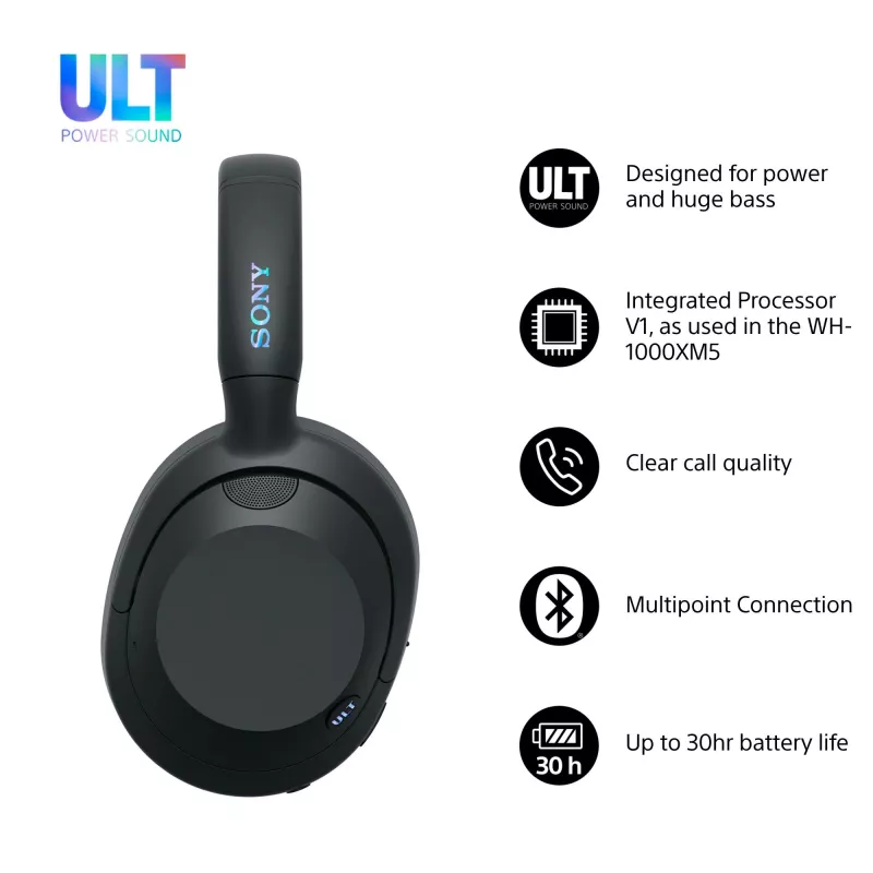 Austiņas Sony ULT WEAR monaurālas USB/Bluetooth 5.2, ANC, 30–50 h akumulators, 3,5 mm, USB‑C uzlāde, 255 g