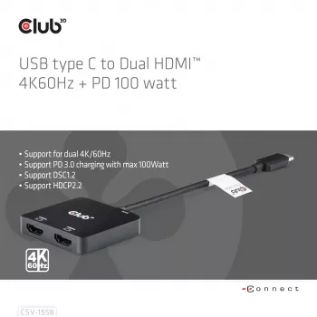 CLUB3D USB-C® centrmezgls uz diviem HDMI™ 4K60Hz M/F+PD3.0 100 W