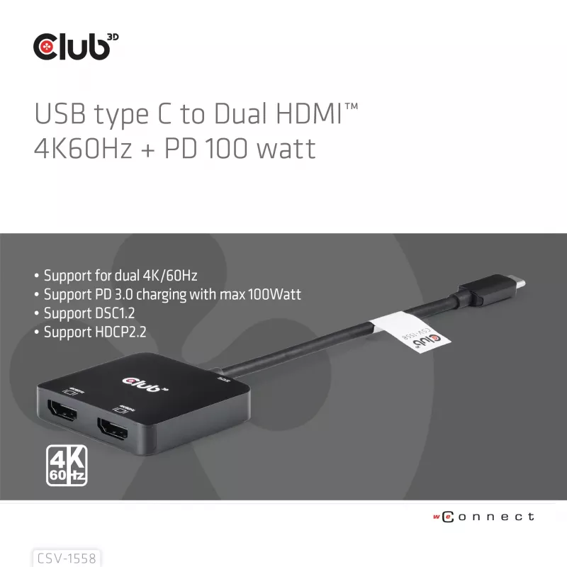 CLUB3D USB-C® centrmezgls uz diviem HDMI™ 4K60Hz M/F+PD3.0 100 W