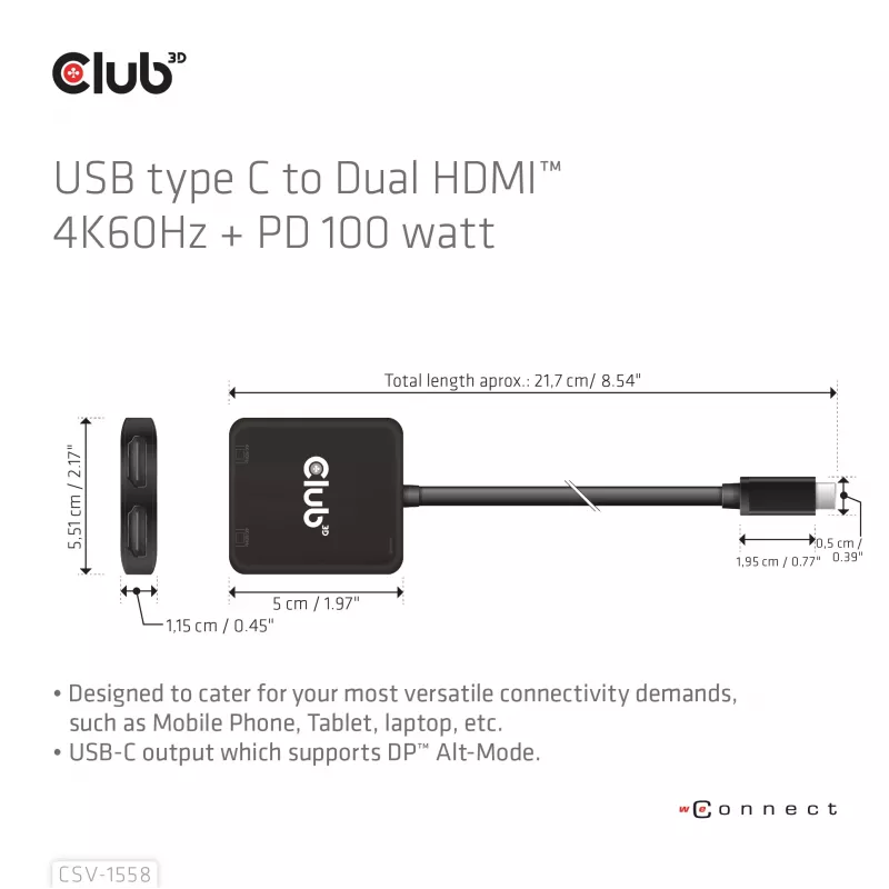 CLUB3D USB-C® centrmezgls uz diviem HDMI™ 4K60Hz M/F+PD3.0 100 W