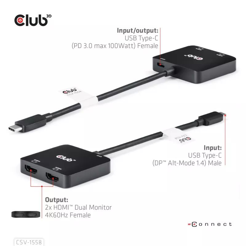 CLUB3D USB-C® centrmezgls uz diviem HDMI™ 4K60Hz M/F+PD3.0 100 W