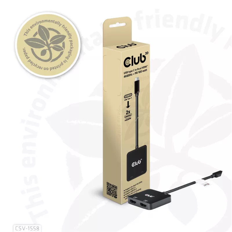 CLUB3D USB-C® centrmezgls uz diviem HDMI™ 4K60Hz M/F+PD3.0 100 W