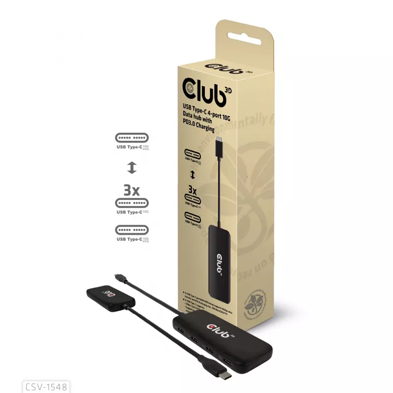 CLUB3D USB Type-C 4-portu 10G datu centrmezgls ar PD3.0 uzlādi, vadu, USB 3.2 Gen 1 (3.1 Gen 1) Type-C, 100 W, melns, 10 Gbit/s, USB
