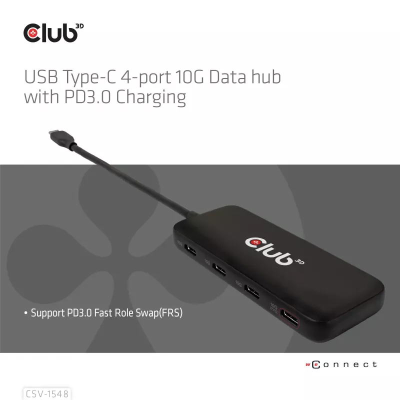 CLUB3D USB Type-C 4-portu 10G datu centrmezgls ar PD3.0 uzlādi, vadu, USB 3.2 Gen 1 (3.1 Gen 1) Type-C, 100 W, melns, 10 Gbit/s, USB