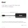 CLUB3D USB Type-C 4-portu 10G datu centrmezgls ar PD3.0 uzlādi, vadu, USB 3.2 Gen 1 (3.1 Gen 1) Type-C, 100 W, melns, 10 Gbit/s, USB