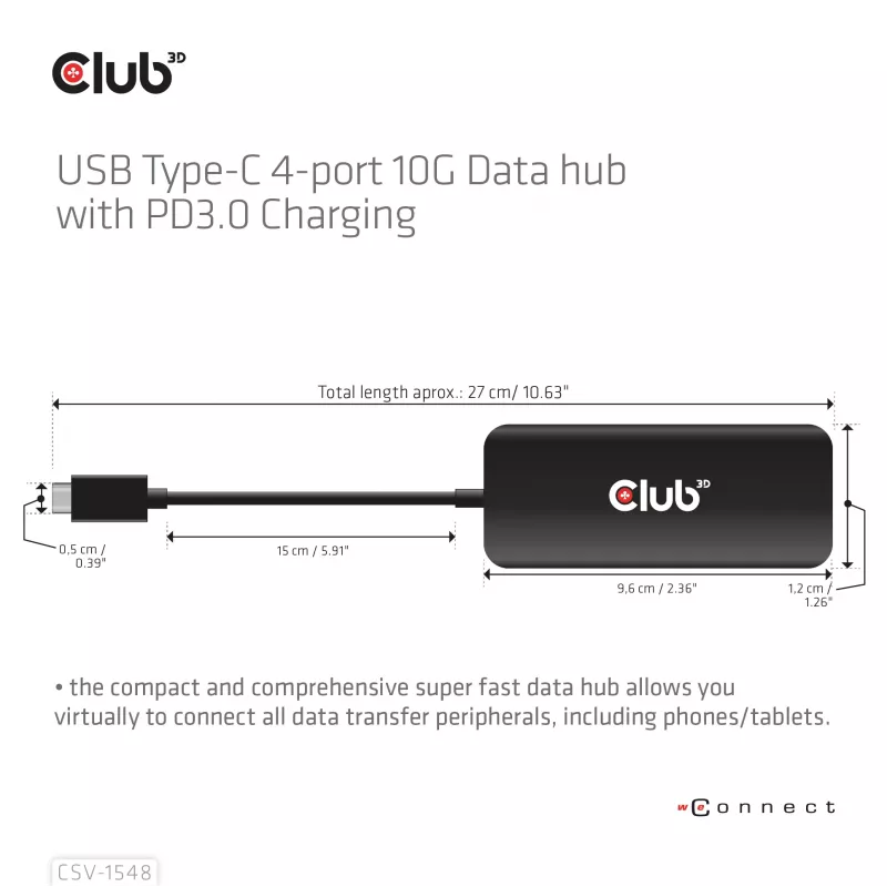 CLUB3D USB Type-C 4-portu 10G datu centrmezgls ar PD3.0 uzlādi, vadu, USB 3.2 Gen 1 (3.1 Gen 1) Type-C, 100 W, melns, 10 Gbit/s, USB