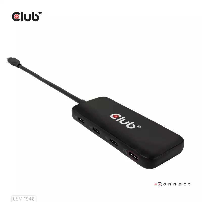 CLUB3D USB Type-C 4-portu 10G datu centrmezgls ar PD3.0 uzlādi, vadu, USB 3.2 Gen 1 (3.1 Gen 1) Type-C, 100 W, melns, 10 Gbit/s, USB