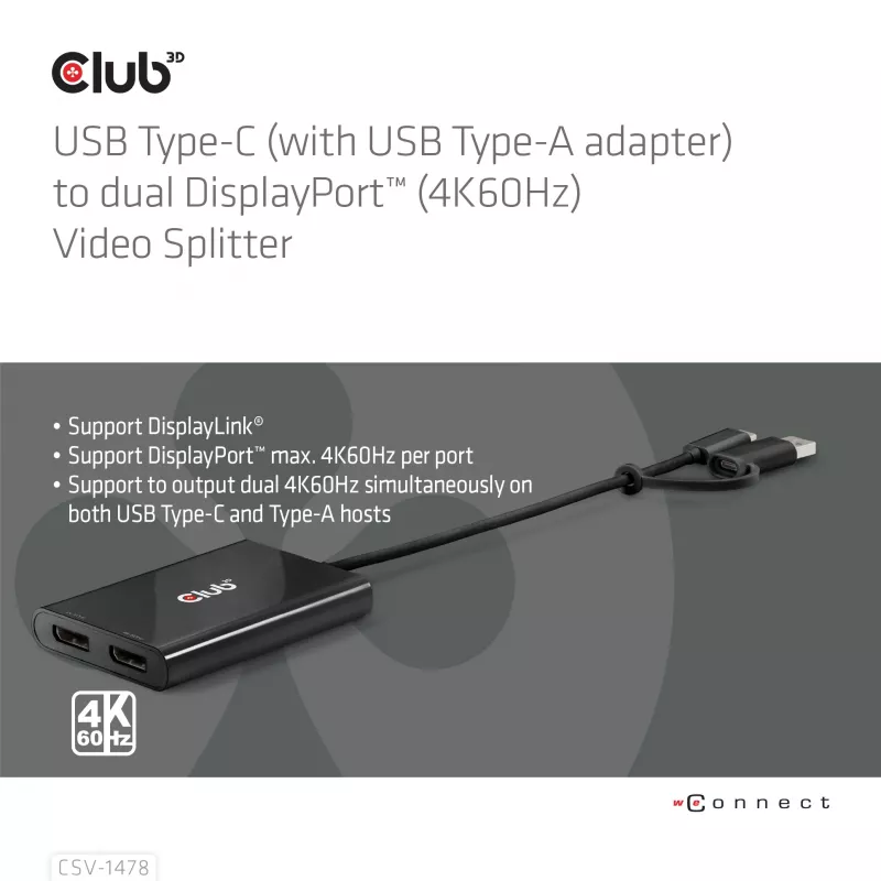 Video sadalītājs Club 3D CSV-1478 USB Type-C (ar USB-A adapteri) uz diviem DisplayPort 4K60Hz, melns