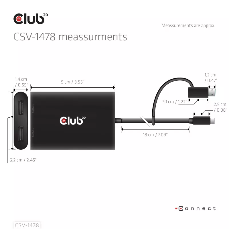 Video sadalītājs Club 3D CSV-1478 USB Type-C (ar USB-A adapteri) uz diviem DisplayPort 4K60Hz, melns