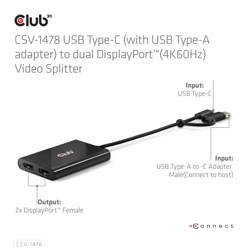 Video sadalītājs Club 3D CSV-1478 USB Type-C (ar USB-A adapteri) uz diviem DisplayPort 4K60Hz, melns
