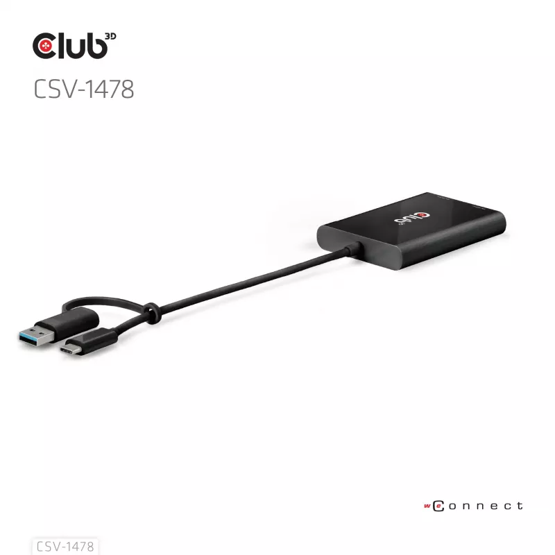 Video sadalītājs Club 3D CSV-1478 USB Type-C (ar USB-A adapteri) uz diviem DisplayPort 4K60Hz, melns