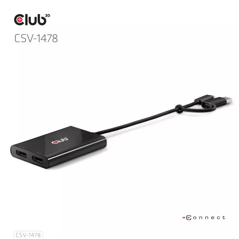 Video sadalītājs Club 3D CSV-1478 USB Type-C (ar USB-A adapteri) uz diviem DisplayPort 4K60Hz, melns