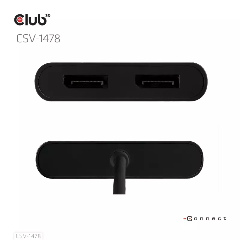 Video sadalītājs Club 3D CSV-1478 USB Type-C (ar USB-A adapteri) uz diviem DisplayPort 4K60Hz, melns