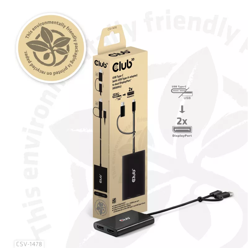 Video sadalītājs Club 3D CSV-1478 USB Type-C (ar USB-A adapteri) uz diviem DisplayPort 4K60Hz, melns