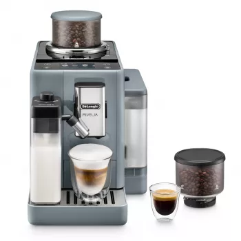 Espresso automāts De’Longhi Rivelia EXAM440.55.g — pilnībā automātisks, 1,4 L ūdens tvertne, 250 g dzirnaviņas, 19 bāri, TFT skārienekrāns