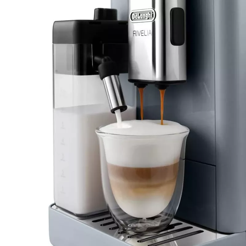 Espresso automāts De’Longhi Rivelia EXAM440.55.g — pilnībā automātisks, 1,4 L ūdens tvertne, 250 g dzirnaviņas, 19 bāri, TFT skārienekrāns