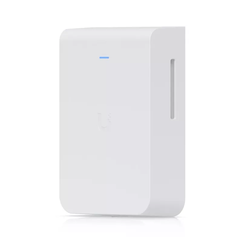 Piekļuves punkts UBIQUITI U7 Pro Wall — pie sienas montējams Wi‑Fi 7 AP, 2,4/5/6 GHz, 6 telpiskās plūsmas, 2500 Mbps LAN, PoE (44–57 V), iekštelpām, balts