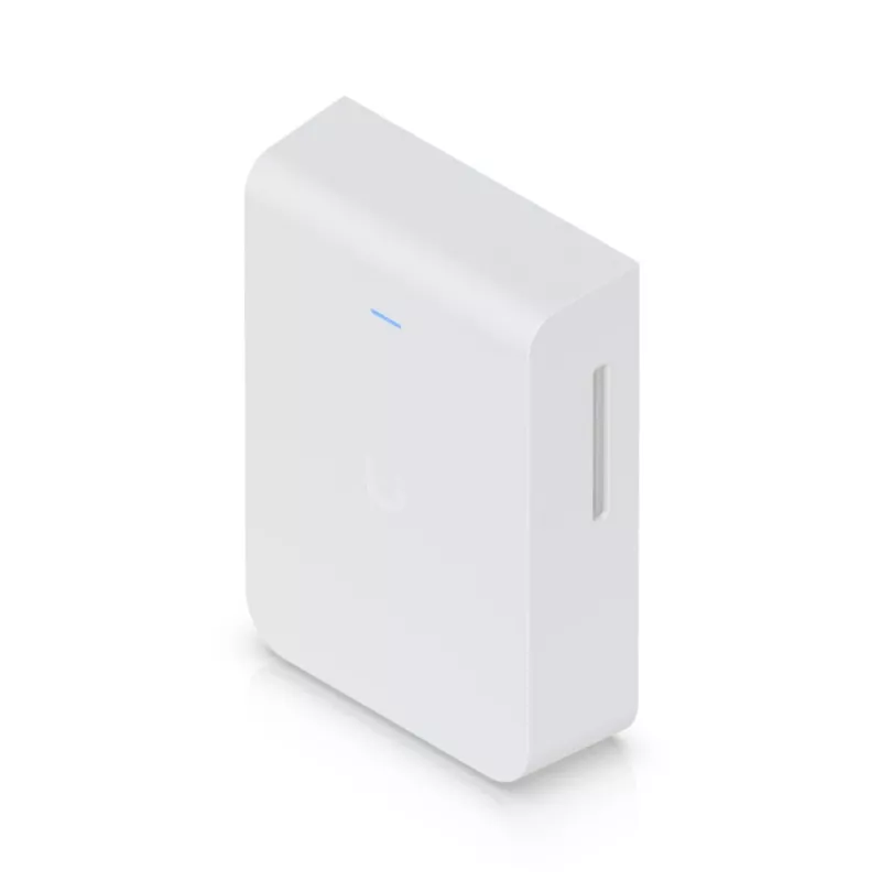 Piekļuves punkts UBIQUITI U7 Pro Wall — pie sienas montējams Wi‑Fi 7 AP, 2,4/5/6 GHz, 6 telpiskās plūsmas, 2500 Mbps LAN, PoE (44–57 V), iekštelpām, balts