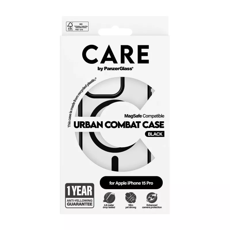 PanzerGlass CARE™ by ® Urban Combat Case Caurspīdīgs ar Melnu MagSafe iPhone 15 Pro