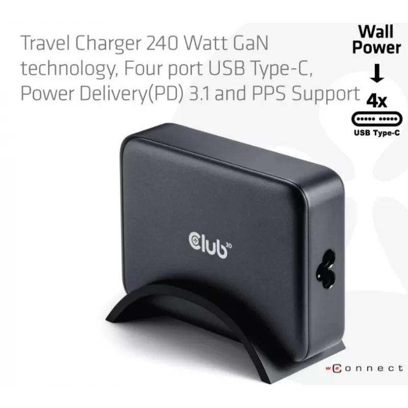 Mobilās ierīces lādētājs CLUB3D CAC-1918 Universāls Melns Maiņstrāva 4 USB Type-C porti