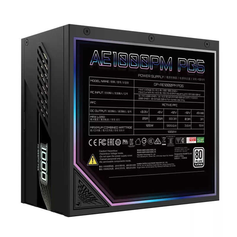 GIGABYTE AORUS ELITE P1000W ICE Barošanas bloks - PCIe 5.0, 80 PLUS Platinum, pilnībā modulārs dizains, 120 mm ventilators, ATX 3.0 saderīgs, EU spraudnis