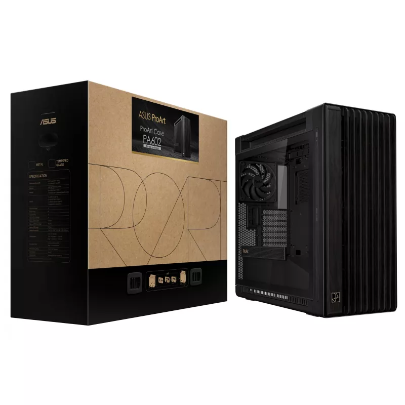 PC Case ASUS ProArt PA602 Wood Edition Midi Tower Melns — Wood, ATX/EATX support, Tempered glass, 4×3.5 inch / 8×2.5 inch, GPU up to 450 mm