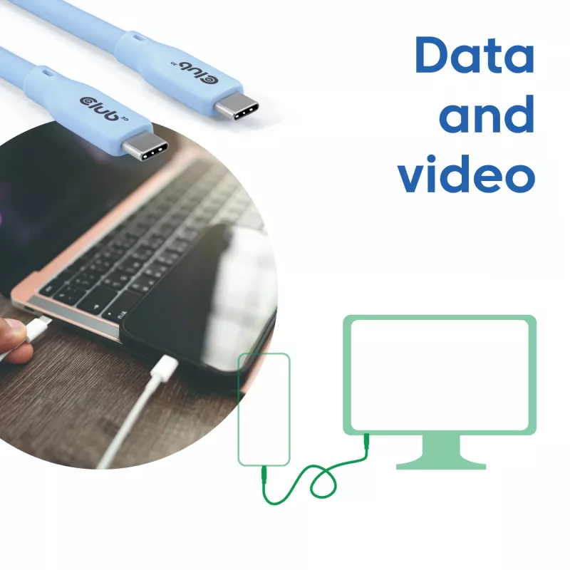 CLUB3D USB C kabelis zils, 2 m, USB C, USB C, USB4 Gen 2x2, 20 Gbit/s, zils
