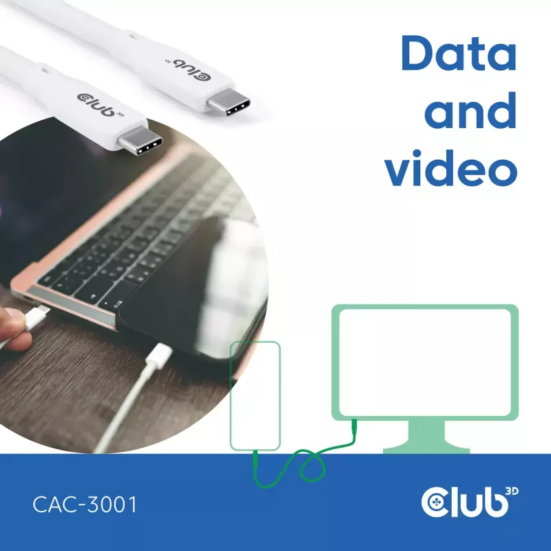 USB C kabelis CLUB3D CAC-3001 2m USB4 Gen 3x2 balts
