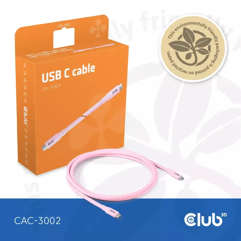 USB C kabelis CLUB3D CAC-3002 2m USB4 Gen 3x2 Rozā