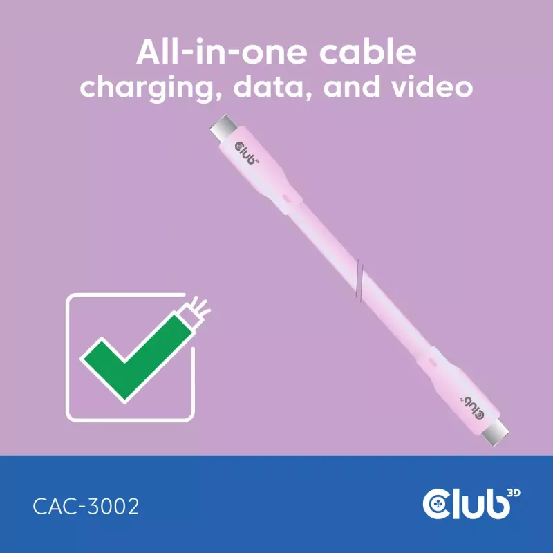 USB C kabelis CLUB3D CAC-3002 2m USB4 Gen 3x2 Rozā