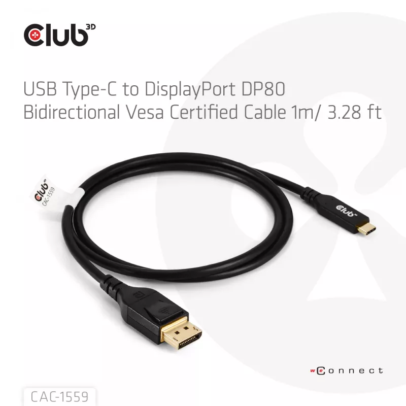 USB Type-C uz DisplayPort 2.1 kabelis, club 3d CAC-1559, divvirzienu, VESA DP80 sertificēts, 1 m