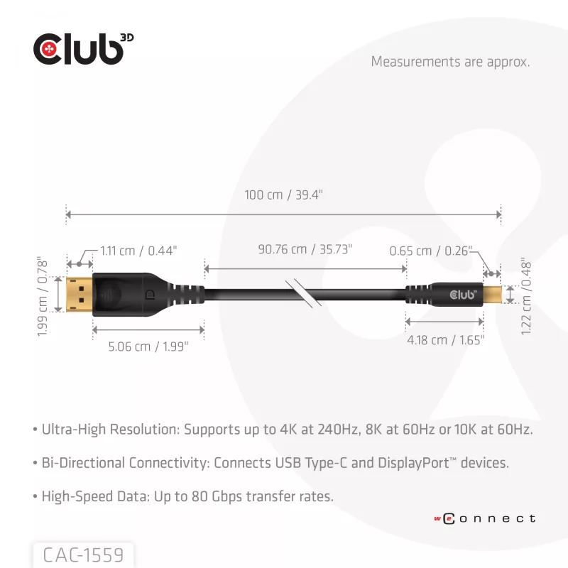 USB Type-C uz DisplayPort 2.1 kabelis, club 3d CAC-1559, divvirzienu, VESA DP80 sertificēts, 1 m