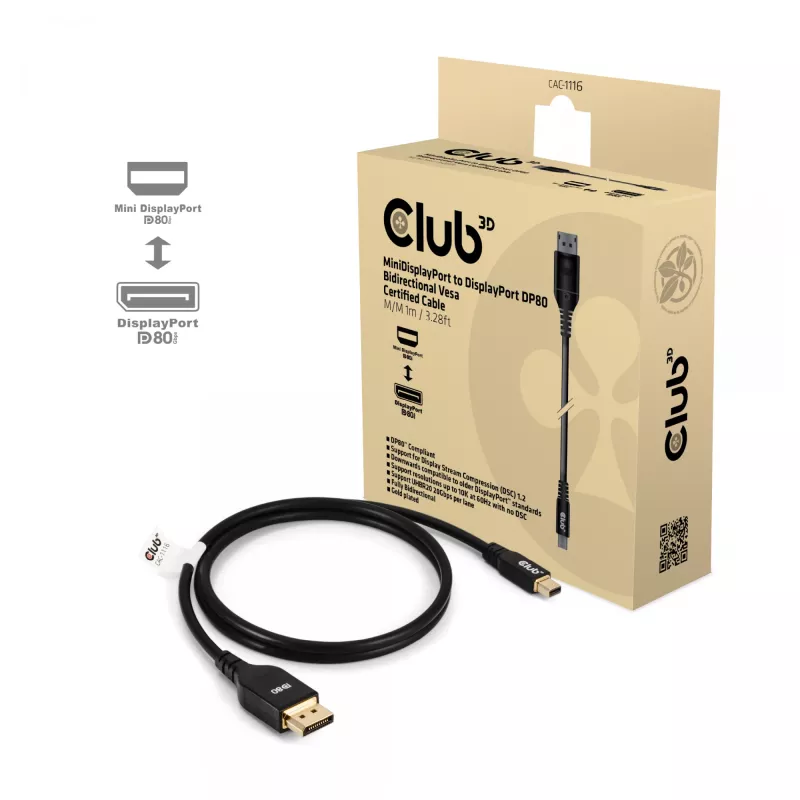 CLUB3D Mini DisplayPort™ uz DisplayPort™ Divvirzienu VESA DP80 Sertificēts Kabelis M/M 1m/3.28ft