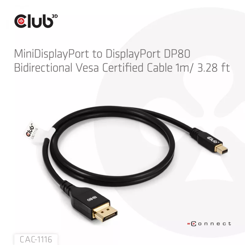CLUB3D Mini DisplayPort™ uz DisplayPort™ Divvirzienu VESA DP80 Sertificēts Kabelis M/M 1m/3.28ft