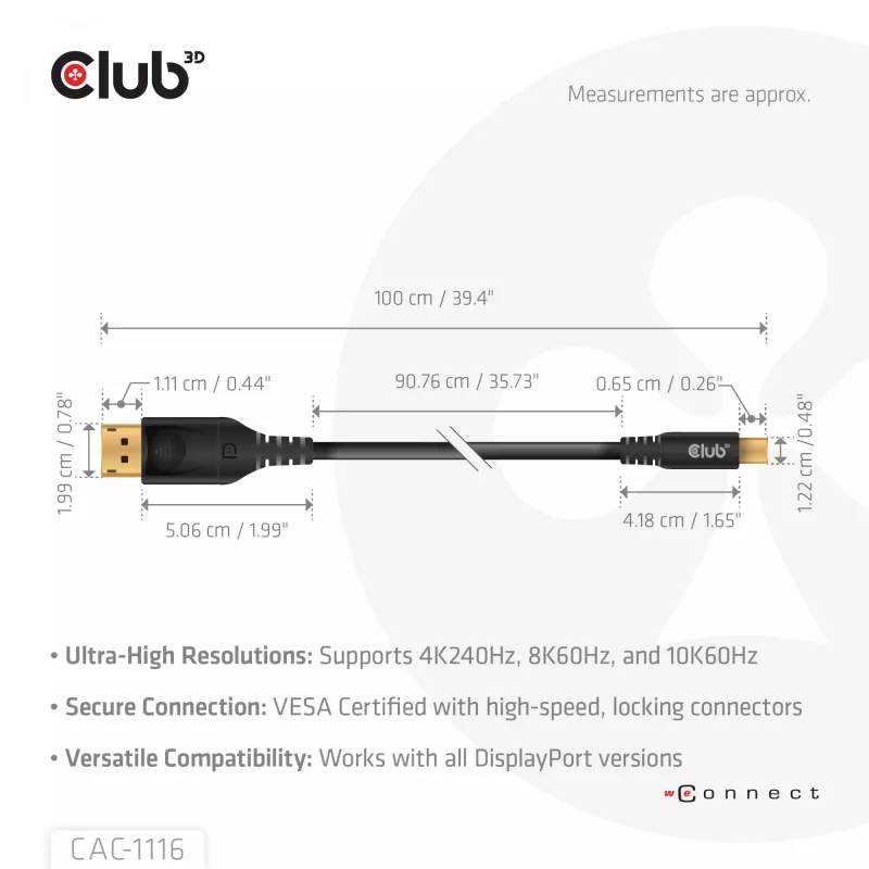CLUB3D Mini DisplayPort™ uz DisplayPort™ Divvirzienu VESA DP80 Sertificēts Kabelis M/M 1m/3.28ft