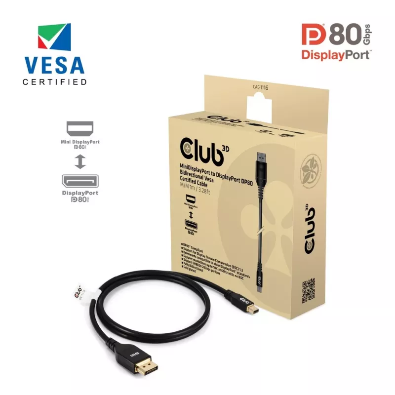 CLUB3D Mini DisplayPort™ uz DisplayPort™ Divvirzienu VESA DP80 Sertificēts Kabelis M/M 1m/3.28ft
