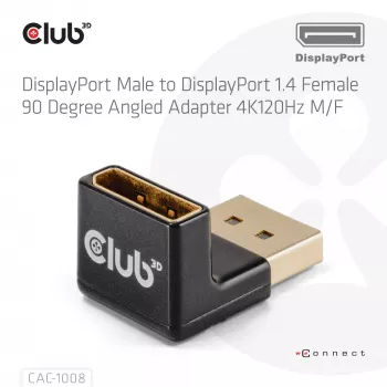 Adapter club 3d DisplayPort vīrieša uz DisplayPort 1.4 sieviešu 90° leņķa, atbalsta 4K@120Hz