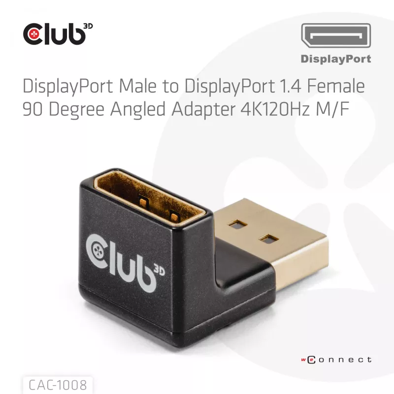 Adapter club 3d DisplayPort vīrieša uz DisplayPort 1.4 sieviešu 90° leņķa, atbalsta 4K@120Hz