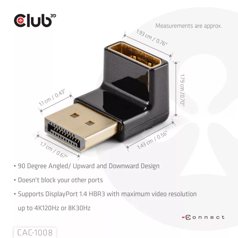 Adapter club 3d DisplayPort vīrieša uz DisplayPort 1.4 sieviešu 90° leņķa, atbalsta 4K@120Hz