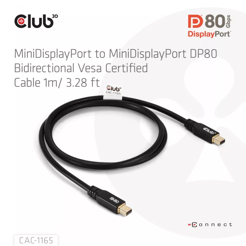CLUB3D MiniDisplayPort™ uz MiniDisplayPort divvirzienu VESA DP80 sertificēts kabelis M/M 1m/3,28 pēdas