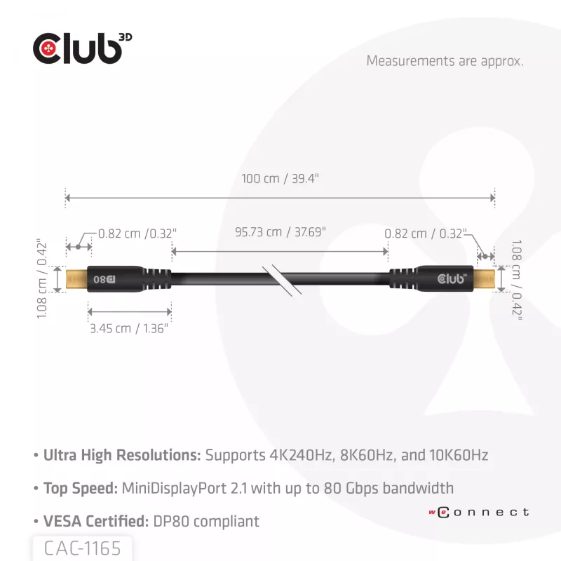 CLUB3D MiniDisplayPort™ uz MiniDisplayPort divvirzienu VESA DP80 sertificēts kabelis M/M 1m/3,28 pēdas