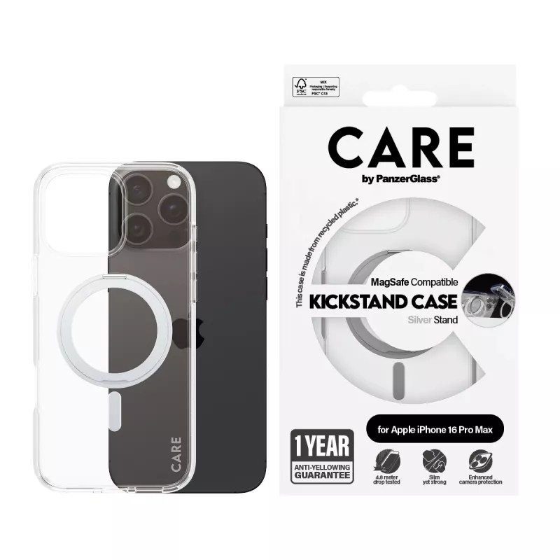 PanzerGlass CARE™ by ® Case Transparent w. Silver Kickstand & MagSafe iPhone 16 Pro Max
