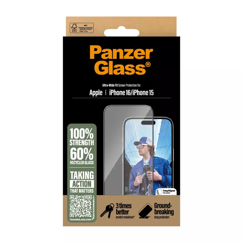 PanzerGlass ® Ekrāna aizsargs iPhone 16 | 15 | Ultra-Wide Fit