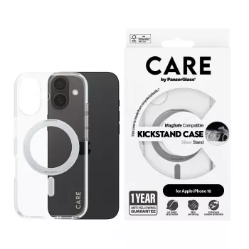 PanzerGlass CARE™ by ® caurspīdīgs maciņš ar sudraba statīvu un MagSafe iPhone 16
