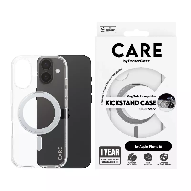 PanzerGlass CARE™ by ® caurspīdīgs maciņš ar sudraba statīvu un MagSafe iPhone 16